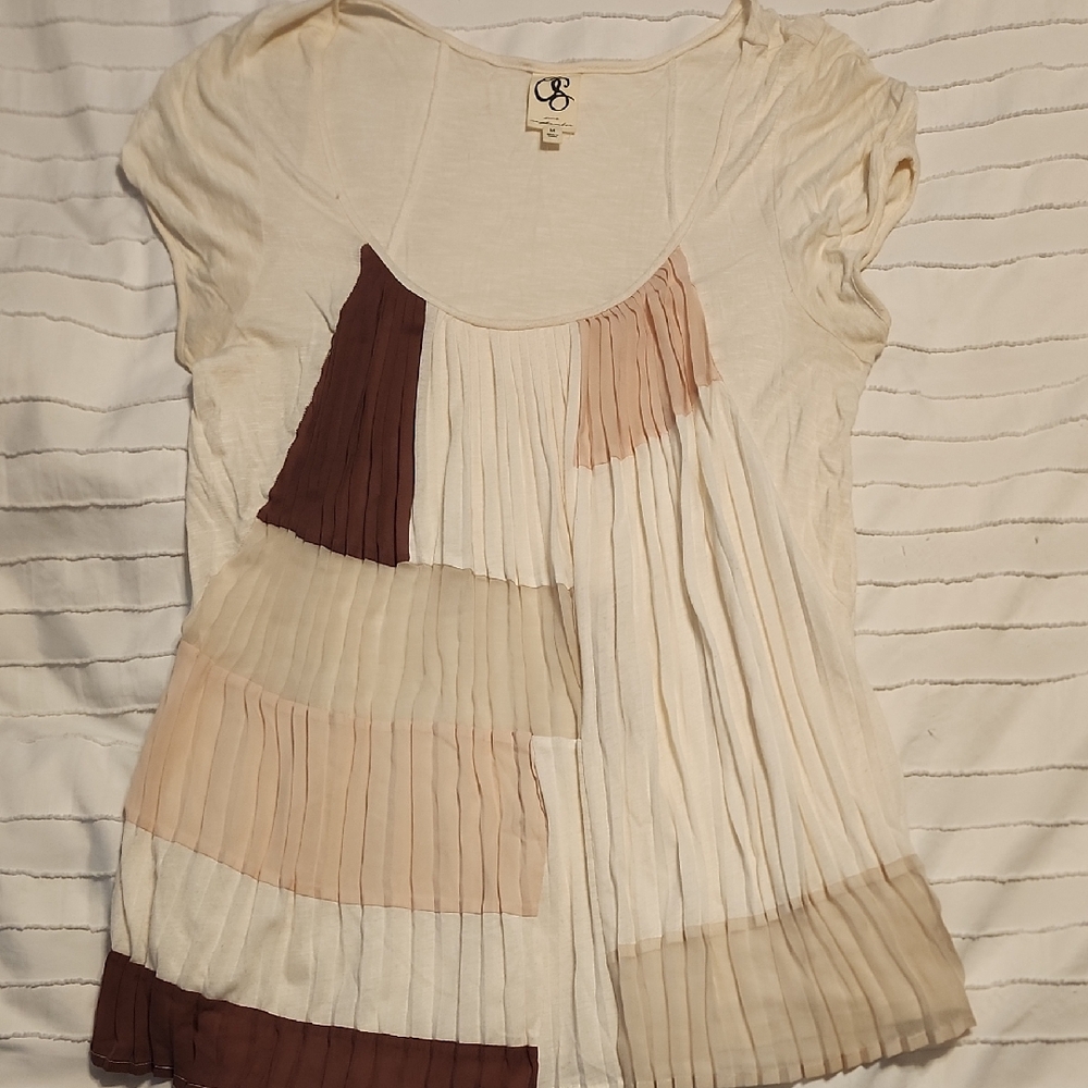 Anthropologie Cream and Brown Pleated Flowing Women's Top